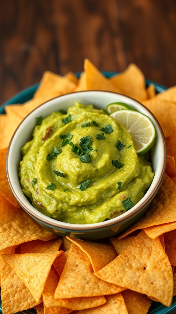 Classic Guacamole with Tortilla Chips Recipe A bowl of guacamole garnished with cilantro and lime, surrounded by crispy tortilla chips.